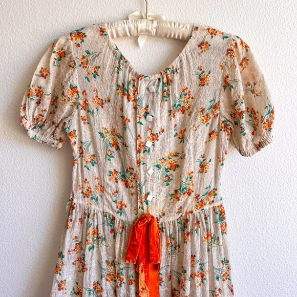 Stunning Vintage 1930s Orange Floral Gown With Velvet Bows (XS/S) - Picture 13 of 14
